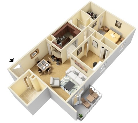 Floor plan for 2 beds, 1 bath, 950 sqft